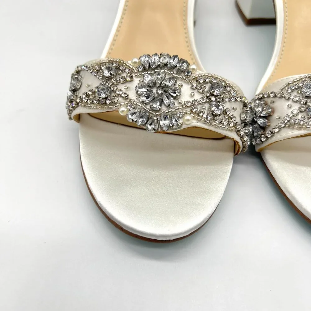 Betsey Johnson Size 8 Mel‎ Ivory White Satin Jeweled Heels Dress Sandals Shoes